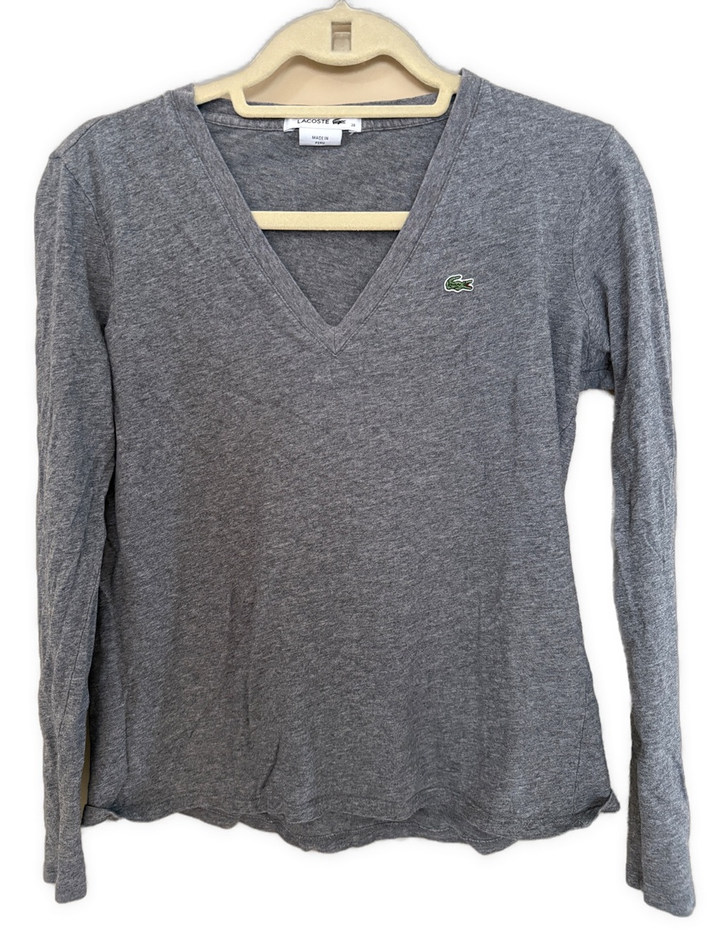 Lacoste Women's Heather Gray V-Neck Long Sleeve Top with Crocodile Logo